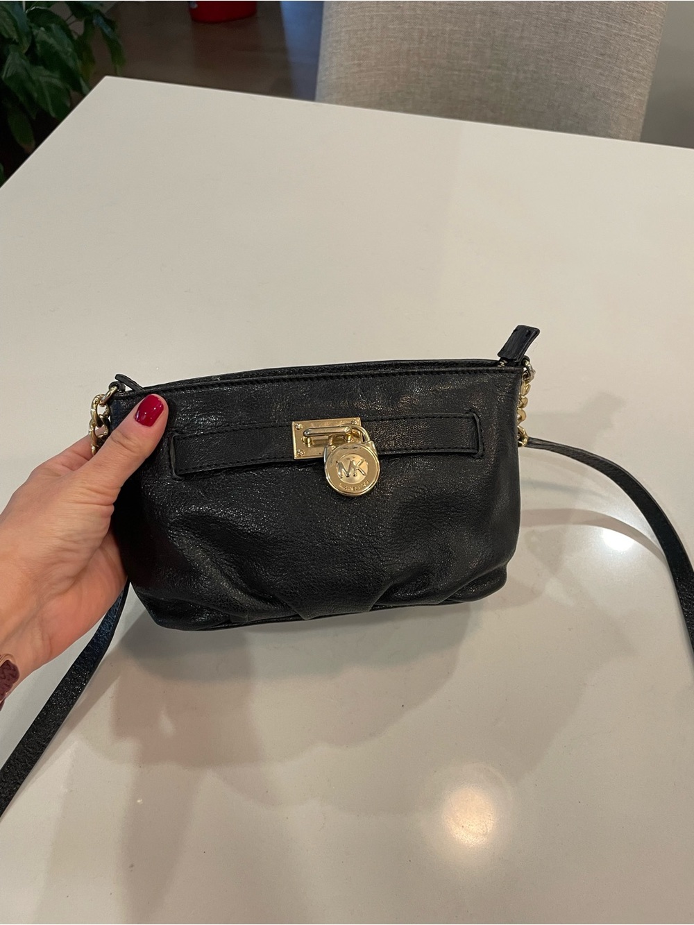 Michael Kors Black Leather Crossbody with Gold Hardware and Logo Charm